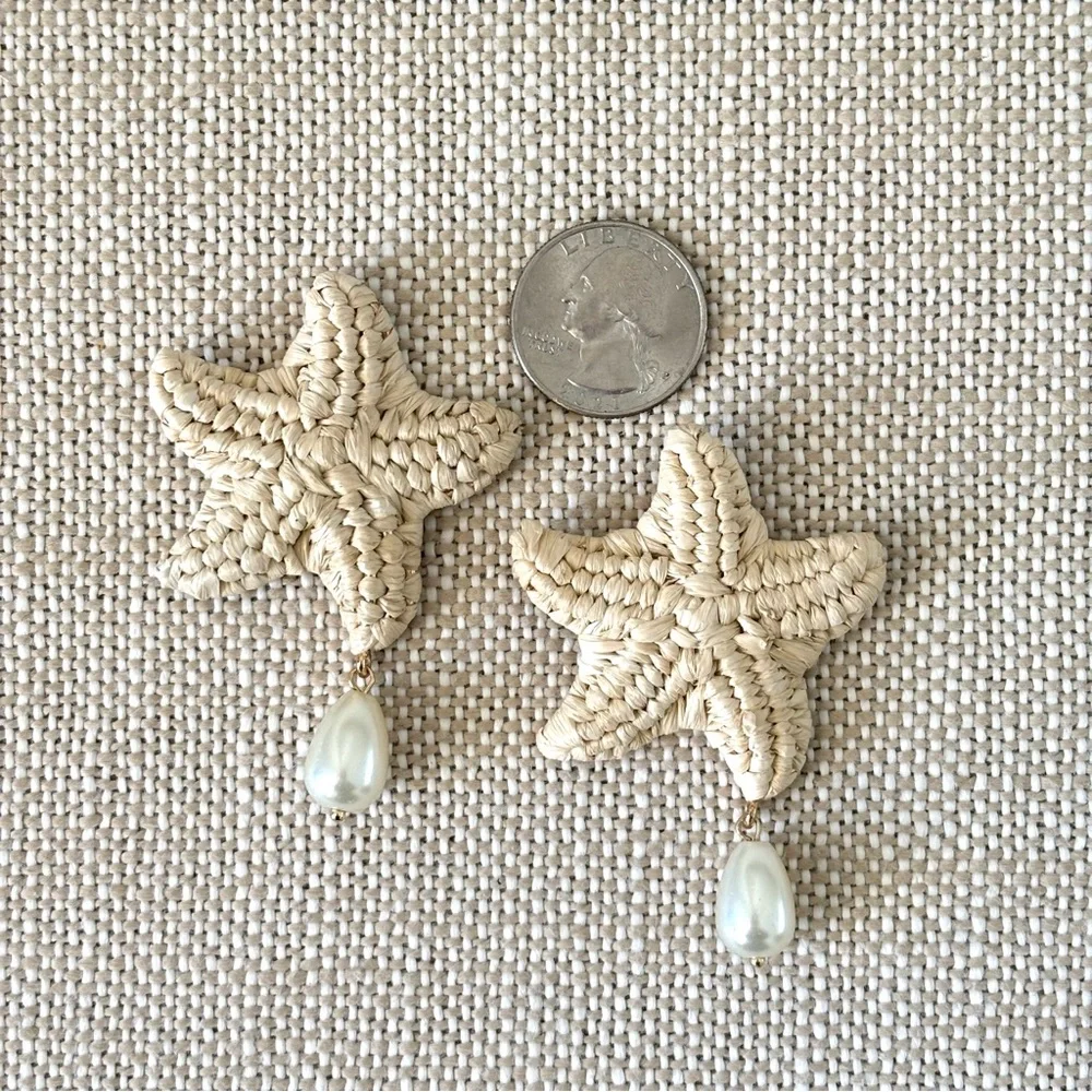 J Crew Starfish Earrings NWT Raffia Pearl Drops Statement Hypoallergenic Posts - Picture 2 of 5